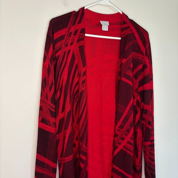 CHICO'S Red Black Long Cardigan Womens L Open Front Long Sleeve - Picture 1 of 6